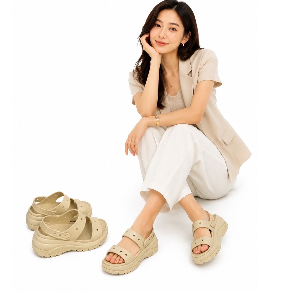 Crocs Mega Crush Sandal Bone Platformโ Wedge W11 M9 Beige NEW Resortwear 106-05